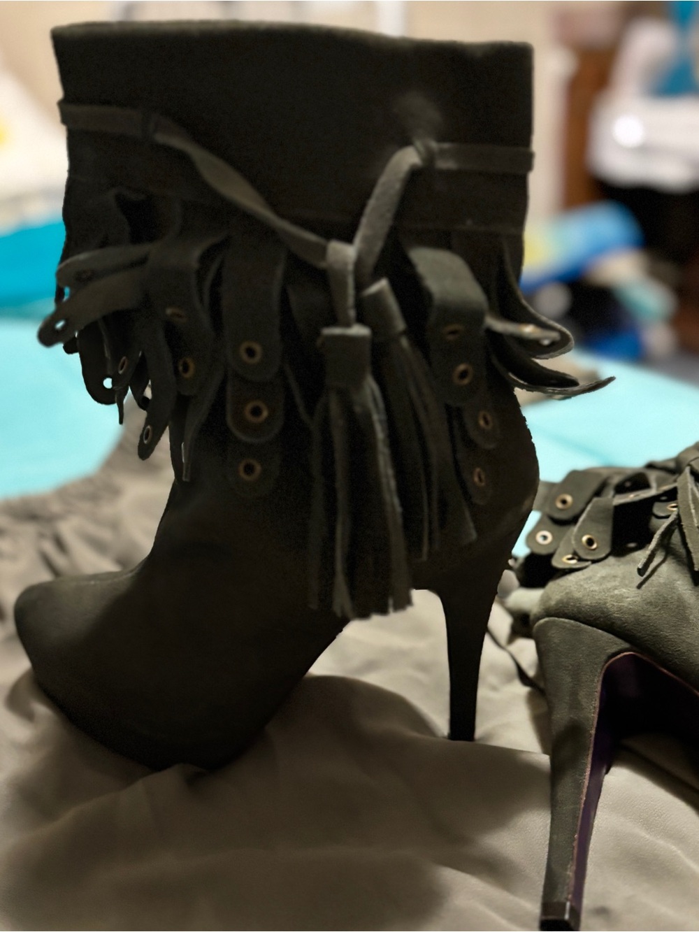 Mojo moxy Fringed High-Heel Ankle Boots in olive green purple heels size 8